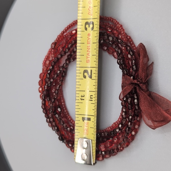 Red Beaded Multi Strand Stretch Bracelet With Red Ribbon Bow - Picture 9 of 9